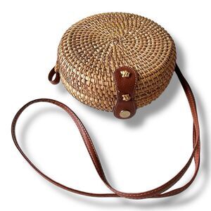 MadeFourYou Brown Small Round Bag Tropical Beach Style Woven Shoulder Rattan